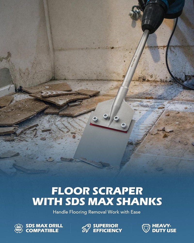ZELCAN SDS Max Floor Scraper, 6 in. Heavy Duty Thinset Removal Tool with Extra Long Handle, Weldless SDS Max Chisel Bit with 4 Spare Bolts for Ceramic Tiles Hardwood Linoleum Epoxy Carpet - Image 2